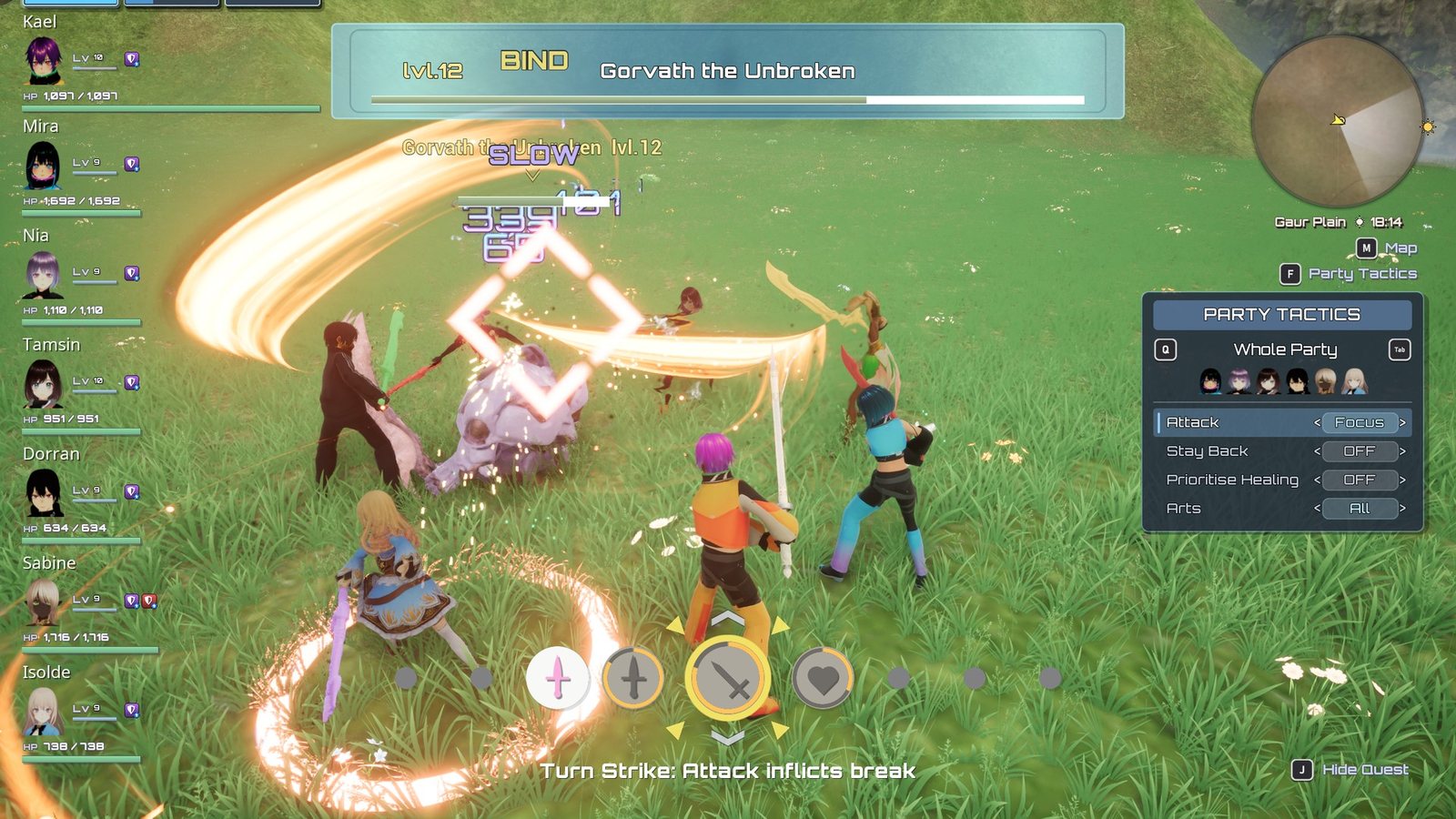 The Party Tactics panel, opened mid-fight.