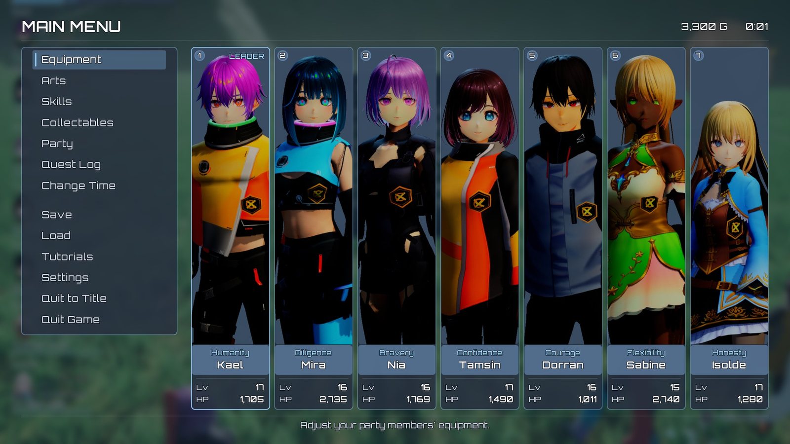 The main menu: entries on the left, one card per active party member.