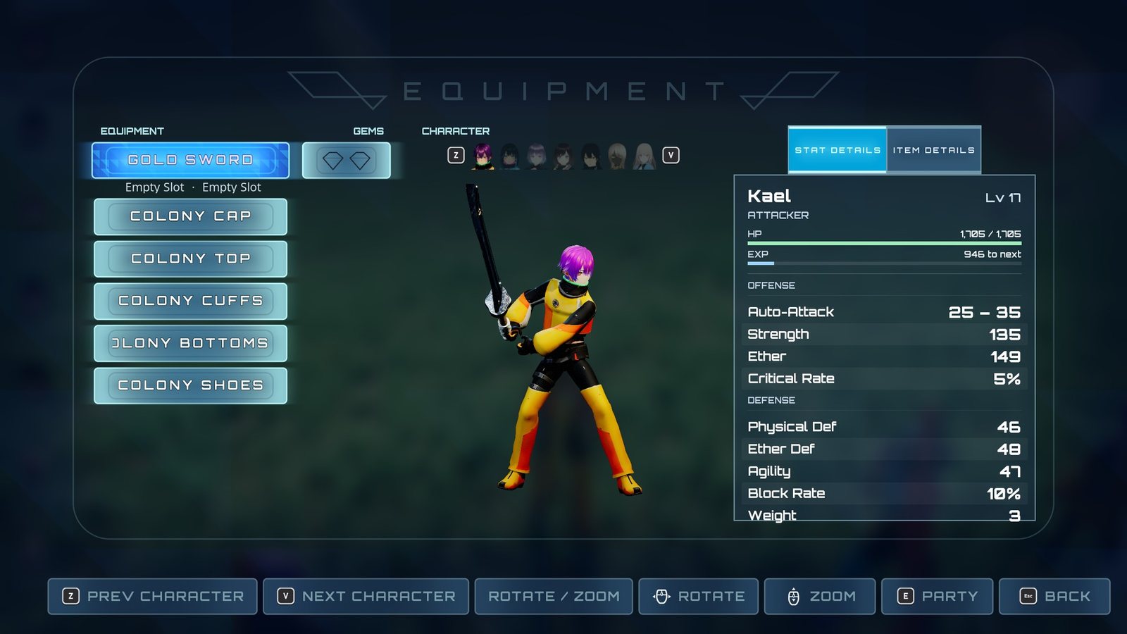 The equipment screen: slots, the character preview and the stat panel.