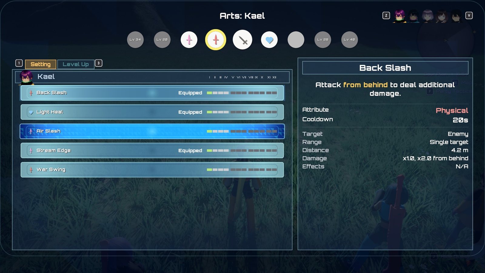 The Arts screen: a character's Arts, their levels and details.