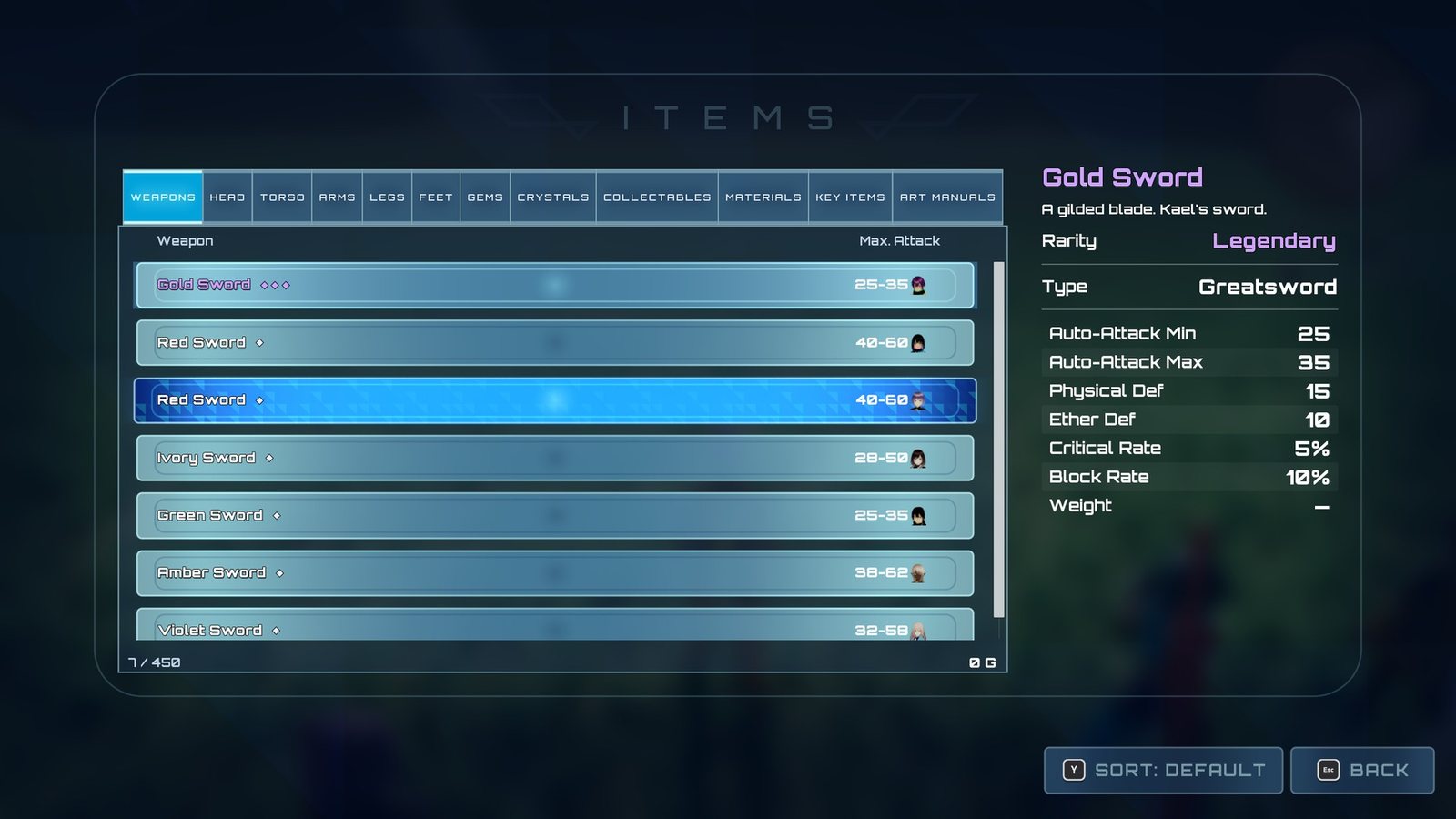 The Items menu, with rarity-coloured names.
